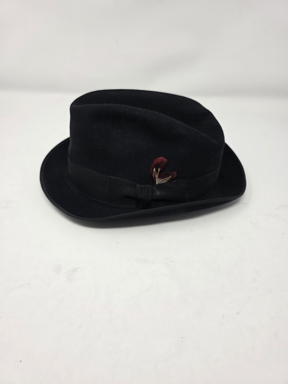Vintage Mallory Black Felt Fedora Hat Size 7 Stern & Field Feather Band